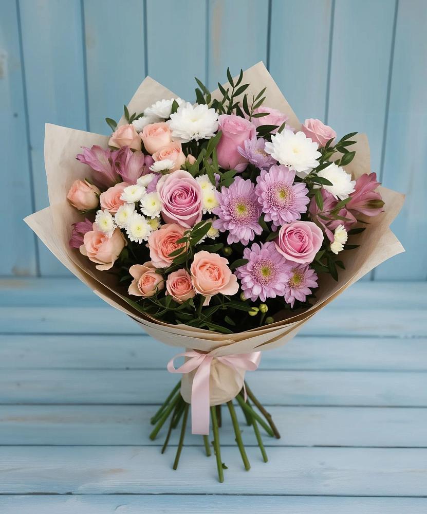 Букет цветов из: Хризантемы, Розы и Альстромерии в Нурлате